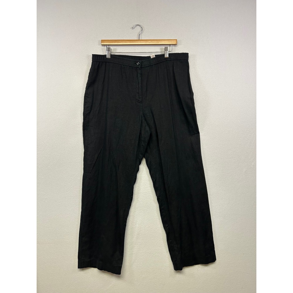 JM Collection Coastal Minimalist Women 14 Black 100% Linen Straight Leg Pants
